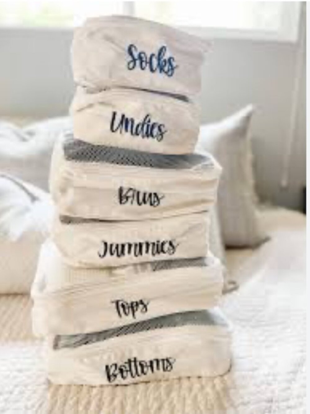 6-Piece Embroidered Travel Packing Cube Set NWOT  Neutral Canvas Mesh Organizers